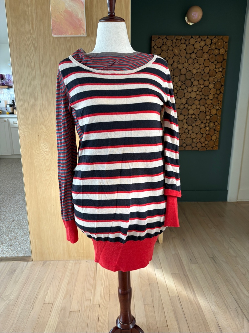 Marc By Marc Jacobs Red, Black & White Striped Long-Sleeve Merino Wool Dress